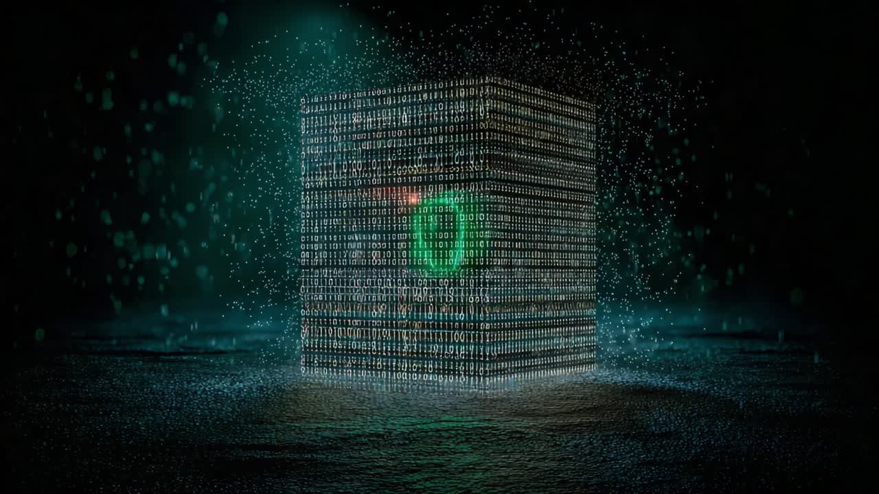 Futuristic three dimensional cube made of binary code numbers glowing with green light, forming a secure padlock shape while particles emanate from its top in a dark, abstract environment
