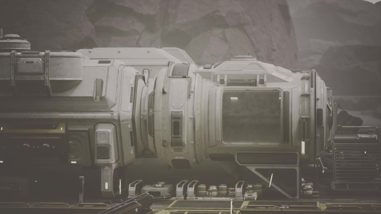 Cargo ship connected to station featuring resistant industrial design details