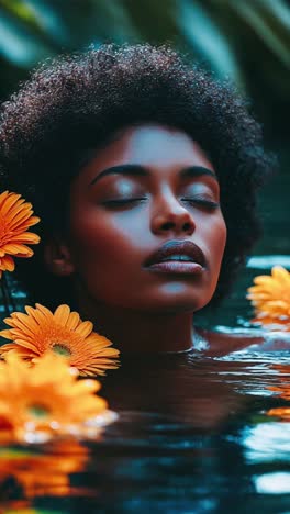 mujer negra con flores en el agua