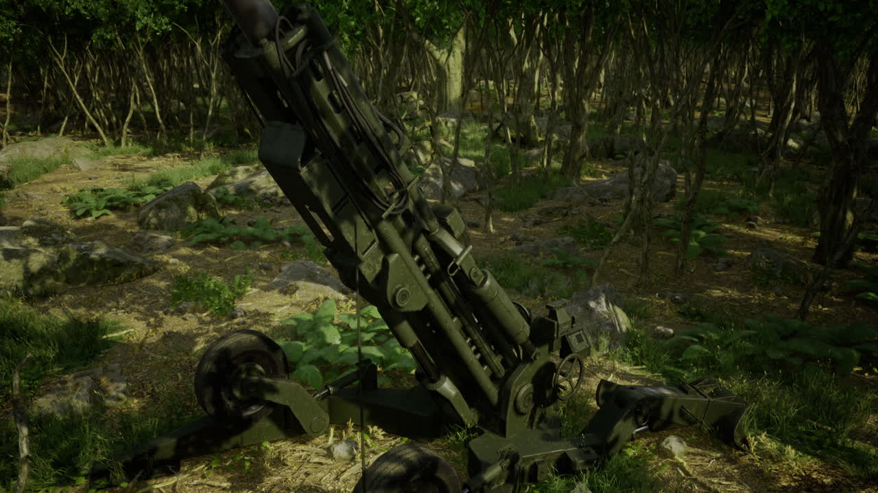 Military firearm poised for action in a vibrant forest clearing