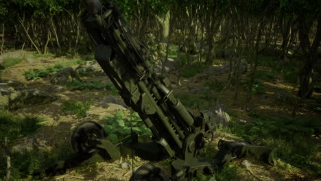 military firearm poised for action in a vibrant forest clearing
