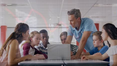animation of data processing over diverse schoolchildren and teacher using laptop