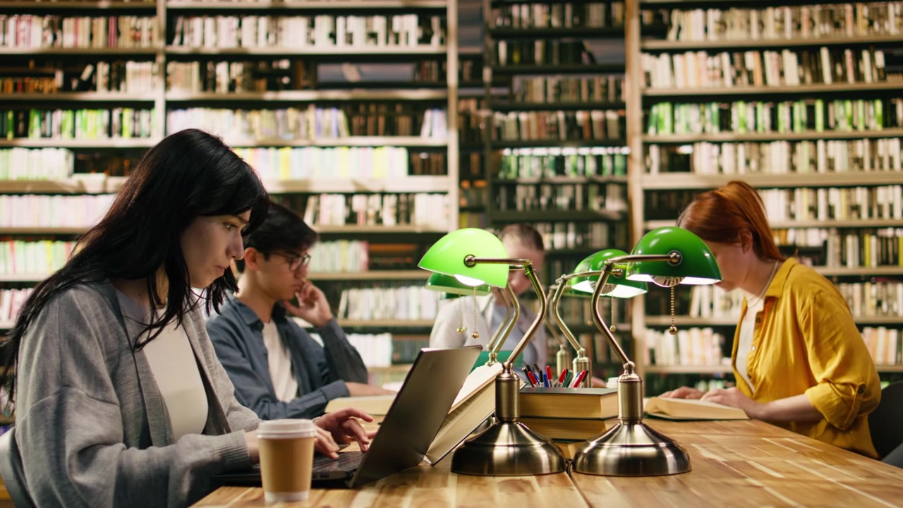 Student drinking coffee and working on laptop in university library