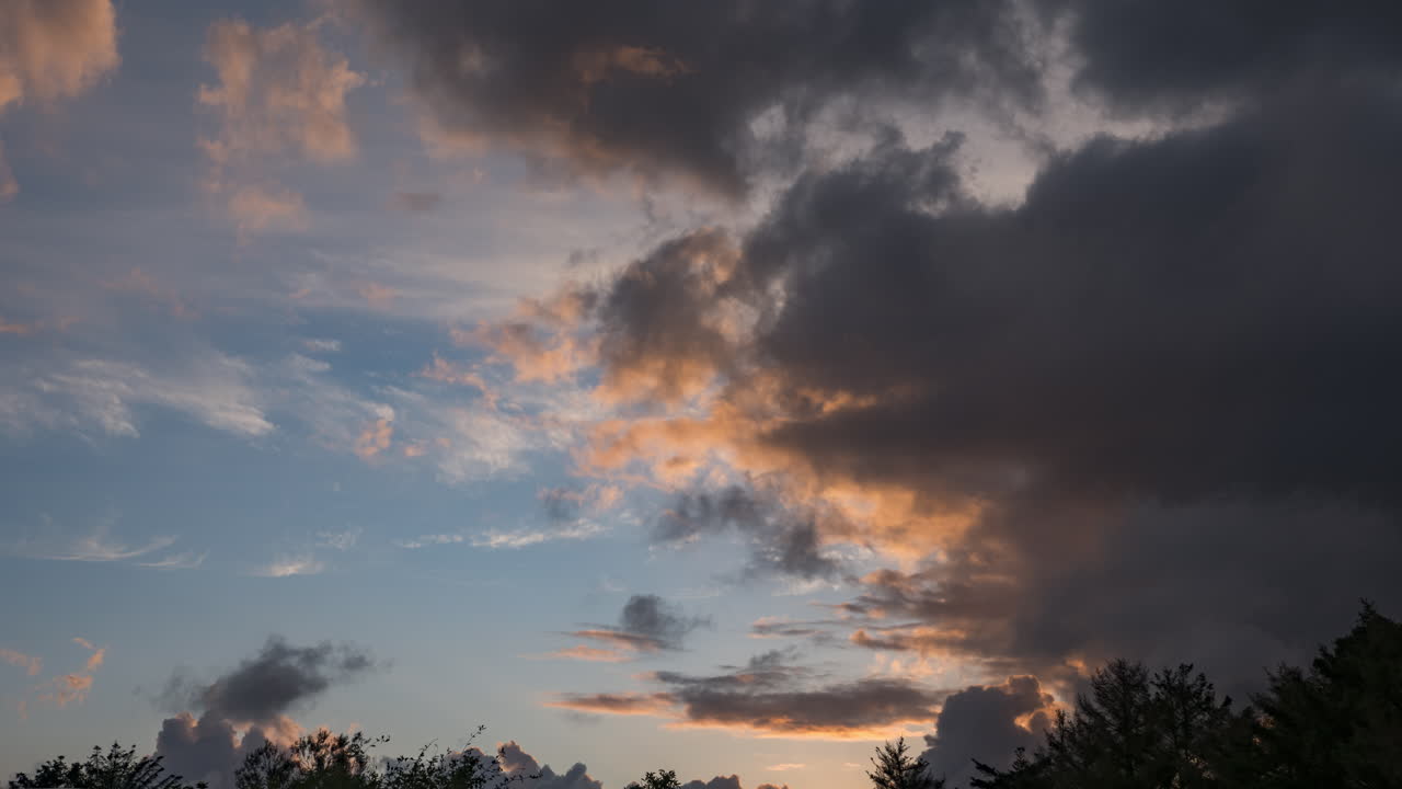 lapso de tiempo al atardecer de ondulantes nubes naranjas y grises sobre las copas de los árboles