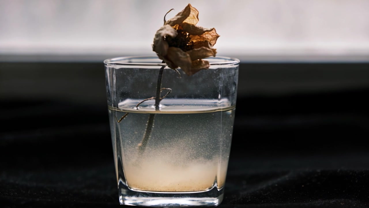 Pennacchio di sedimento che sale e turbina in un bicchiere quadrato mentre lo stelo si inclina su un panno scuro, fiore appassito retroilluminato.