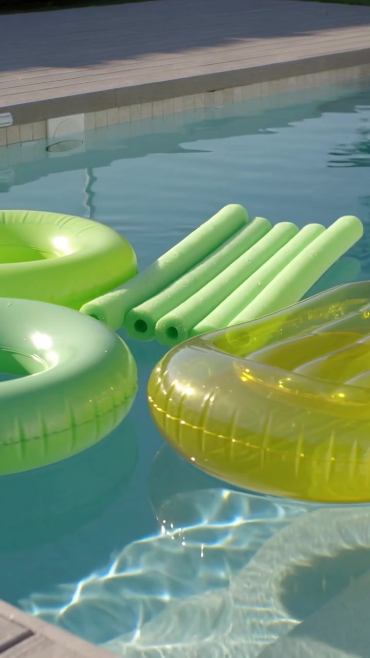 Vertical video: Bobbing floats drifting right at pool, sun and breeze nudging rings, yellow float