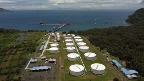 aerial view drone of oil refinery terminal storage of oil and petrochemical products