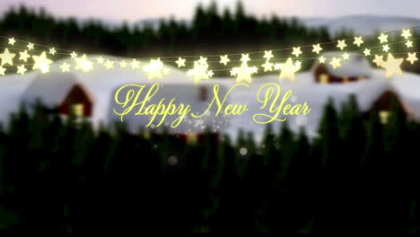 animation of christmas seasons greetings and glowing fairy lights over winter landscape