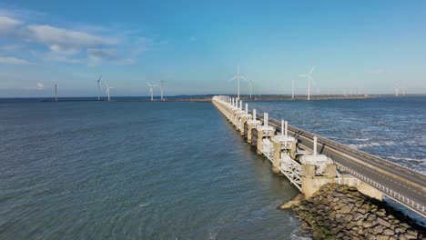 aerial shot of the end of the eastern scheldt storm surge barrier in zeeland, the netherlands, on a beautiful sunny day