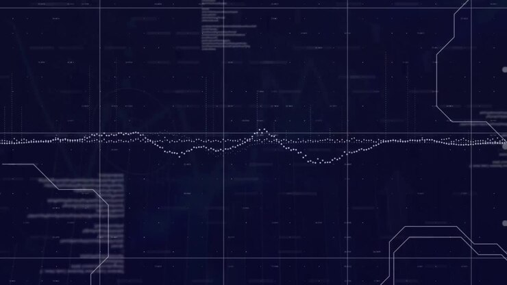 Animation of financial data processing over arrows on black background