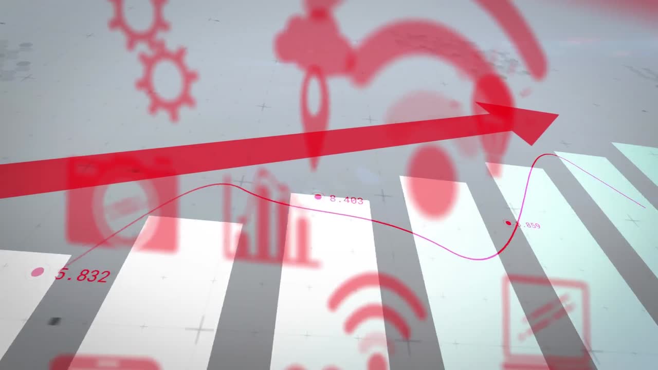 디지털 인터페이스 아이콘 위에 빨간 화살표로 금융 데이터 처리를 하는 라인의 애니메이션