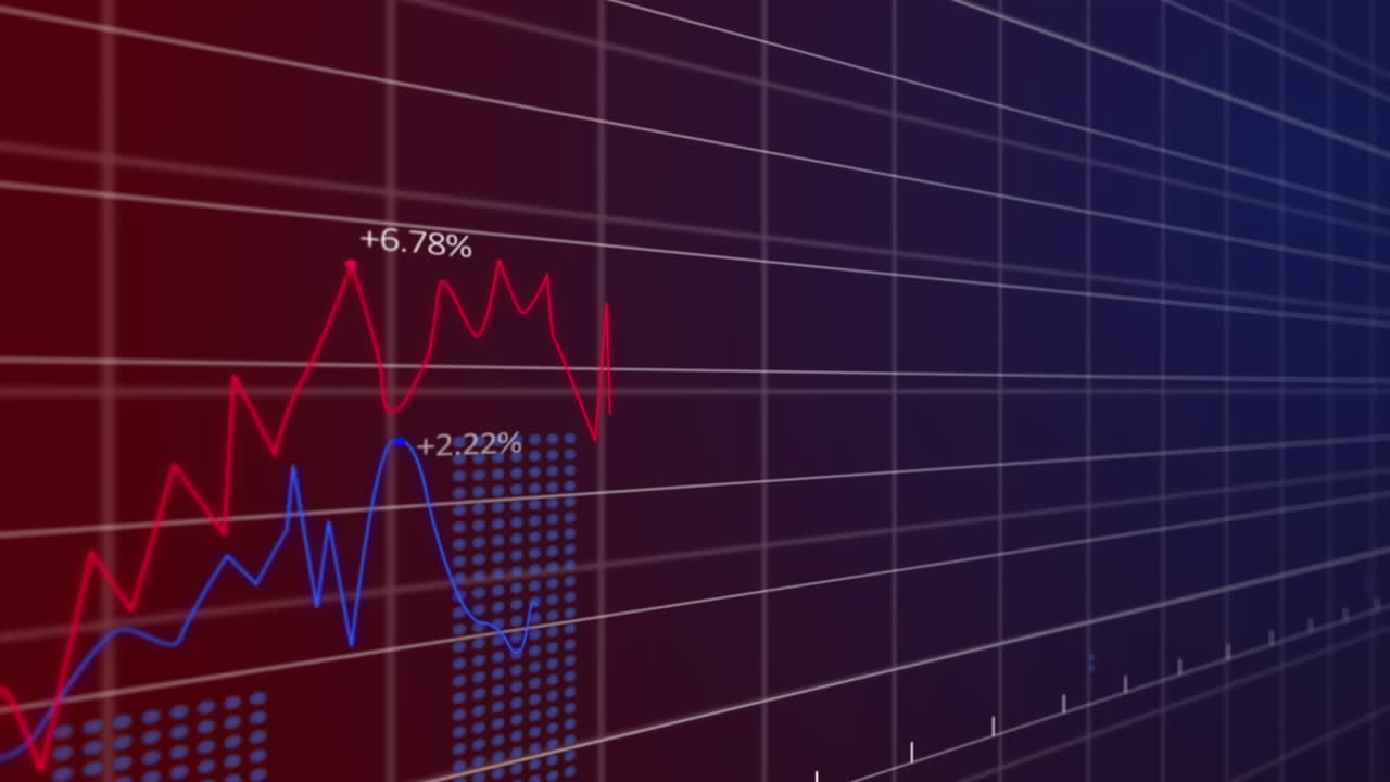 Animation of financial data processing over grid on dark background