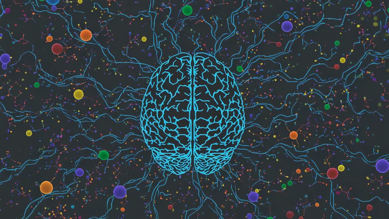 Displaying brain outline, pulsing neural lines expanding across digital space connecting spheres