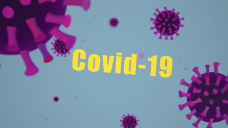 Multiple-Colorful-Coronavirus-Particles-Rotating,-Camera-Zooms-into-the-Covid-19-text,-passing-the-virus-elements-on-a-blue-background