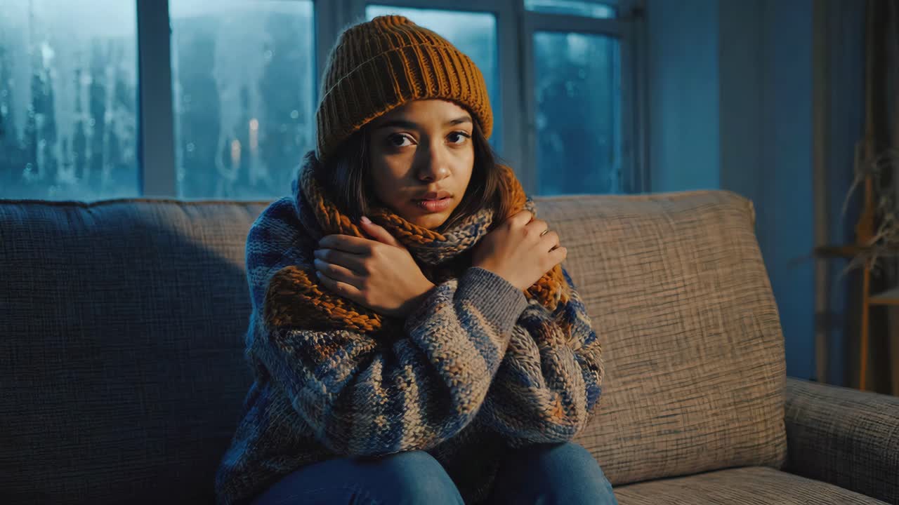 Woman feeling cold indoors in winter