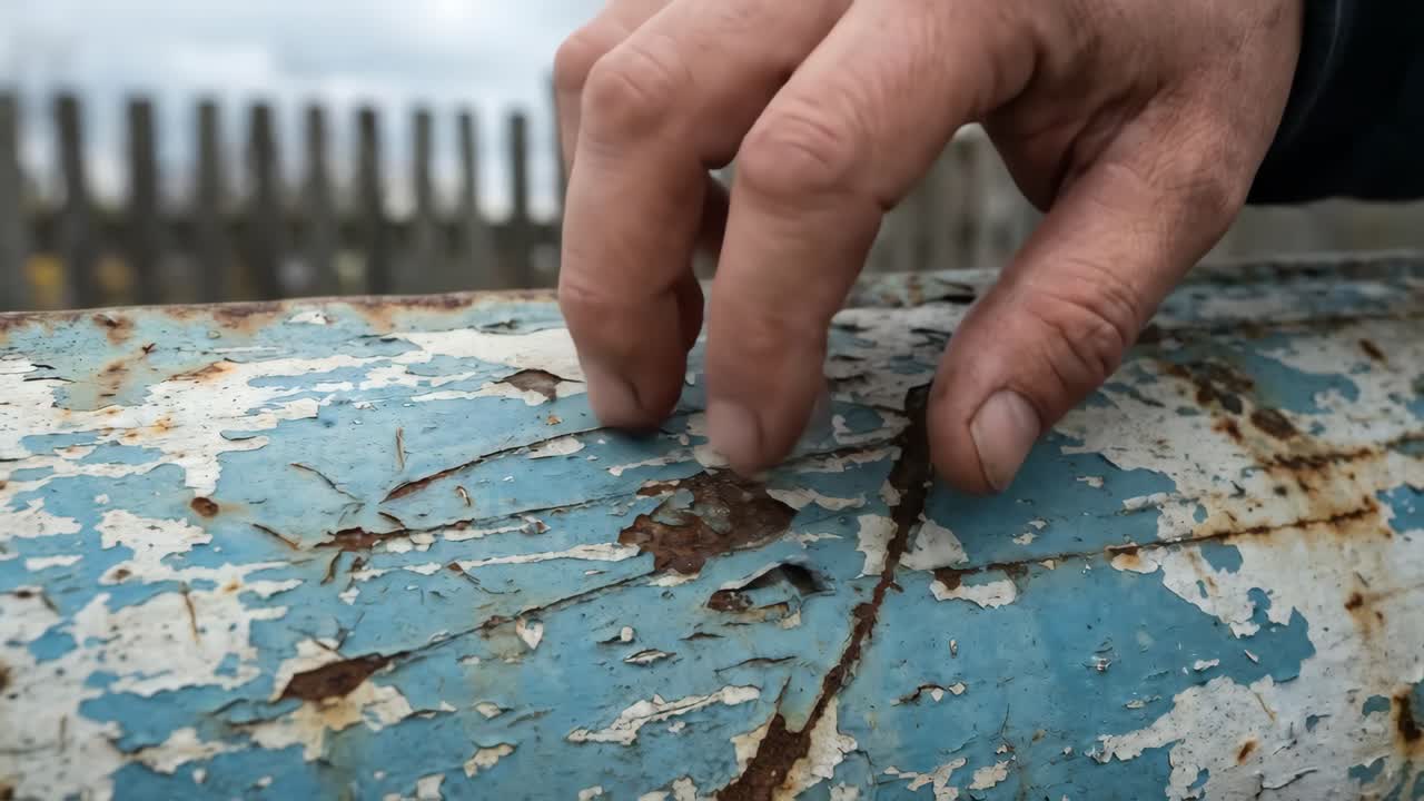 Blå maling skaller af rusten metaloverflade
