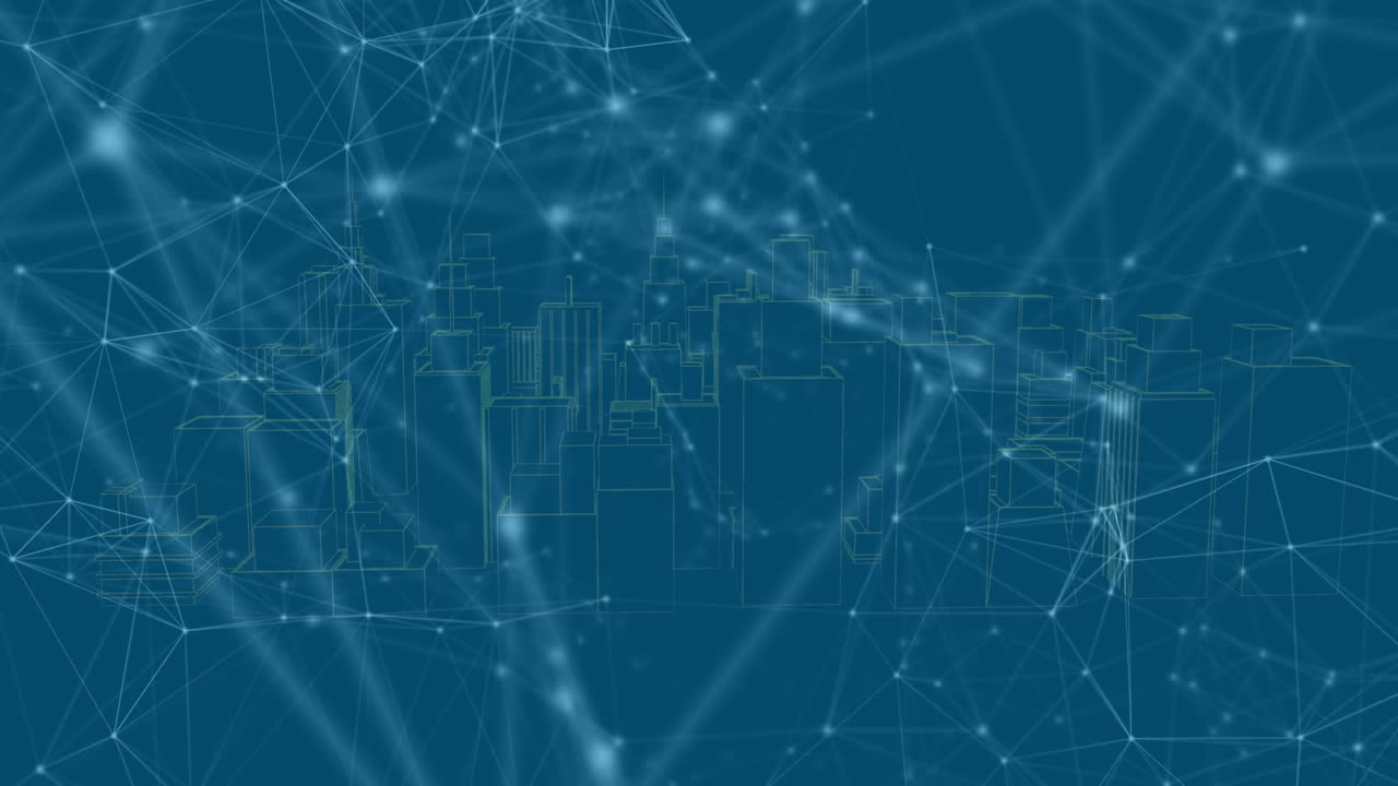 animación de la red de conexiones sobre el paisaje urbano sobre fondo azul