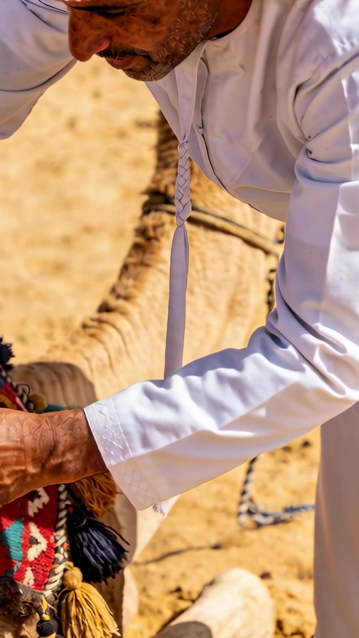 Video verticale: Uomo in thobe bianco che sistema sella e cinghie su un cammello nel deserto per una cavalcata