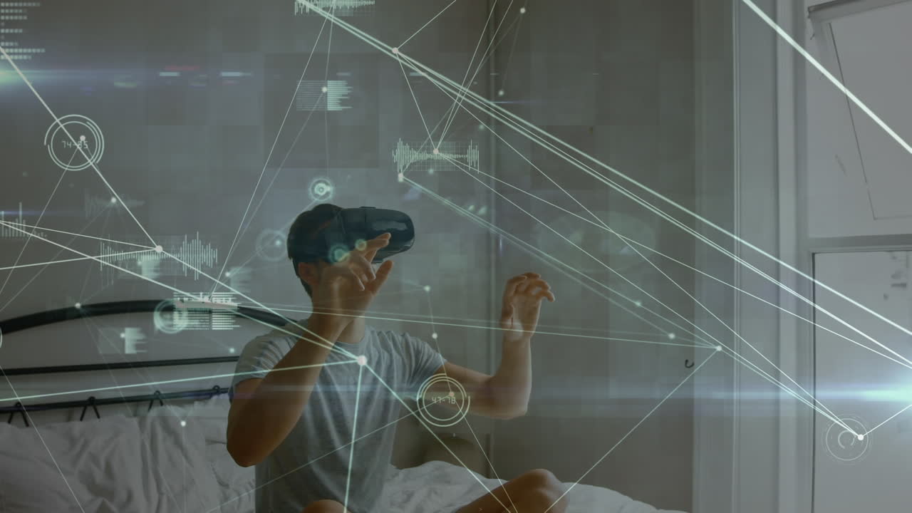Animation of network of connections over caucasian man wearing vr headset