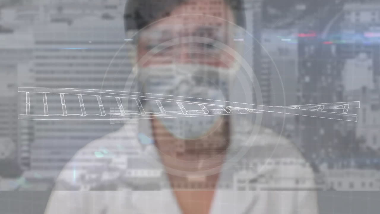 In laboratory, healthcare professional wearing mask with digital data animation overlay