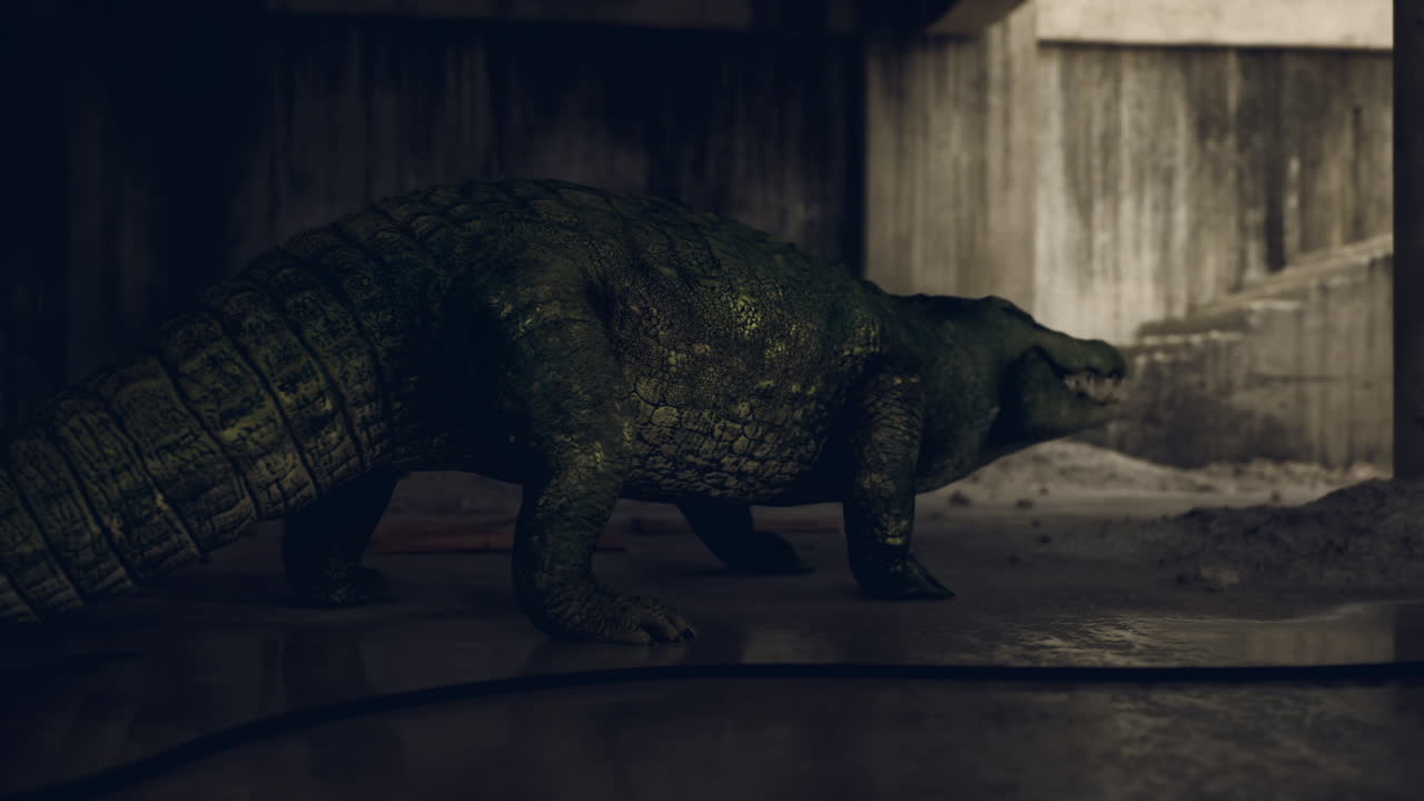 Crocodile exploring an abandoned space with dim lighting and concrete walls