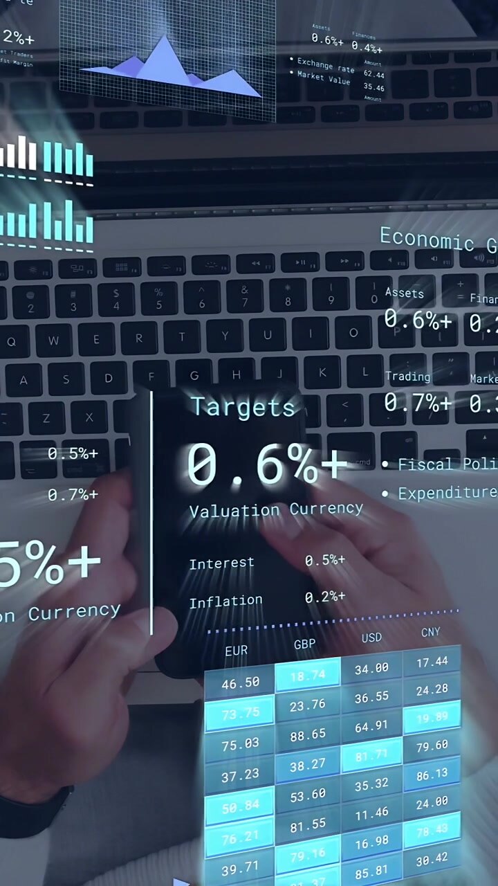 Vertical video: Man tilting phone over keys driving AR econ grid showing % stats to track growth