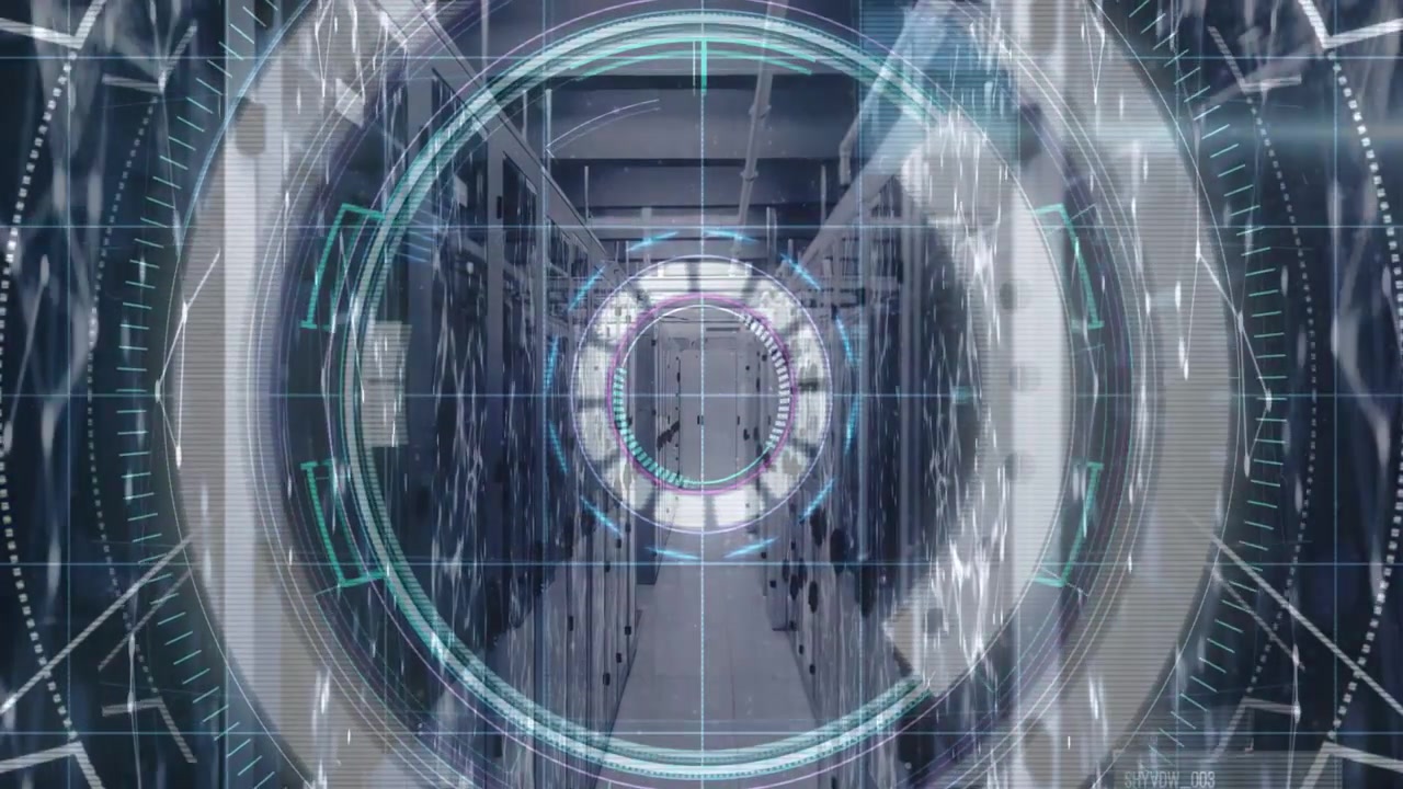 Data center aisle receiving diagnostic ping, HUD rings scanning racks then fading to reveal door