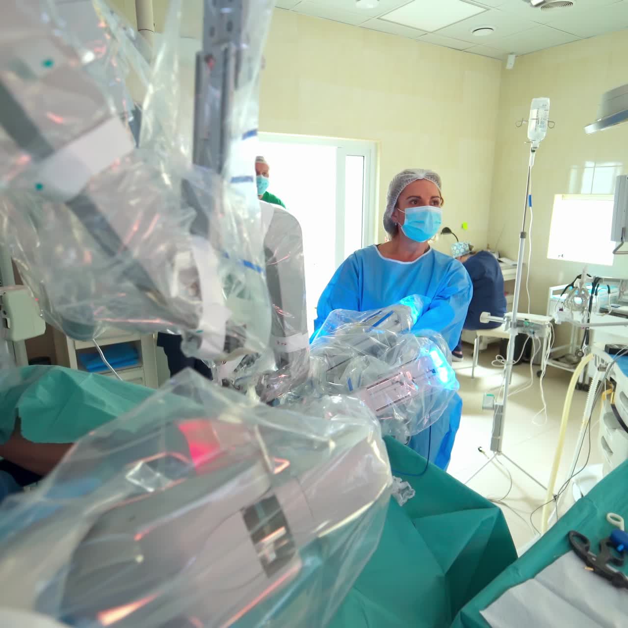 Robotic surgery in hospital. Operating room in modern clinic with futuristic robotic equipment