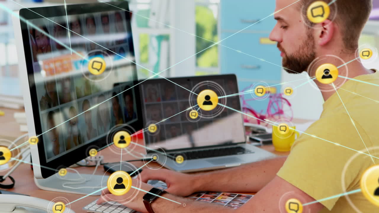 animación de una red de conexiones con iconos sobre un hombre de negocios caucásico hablando por teléfono inteligente