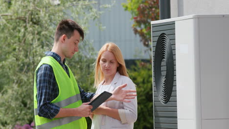 the specialist explains to the customer the principle of operation of the heat pump