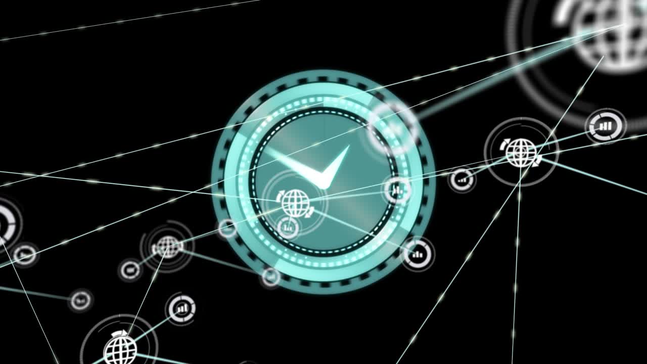 Animation of network of connections with icons over moving clock on black background