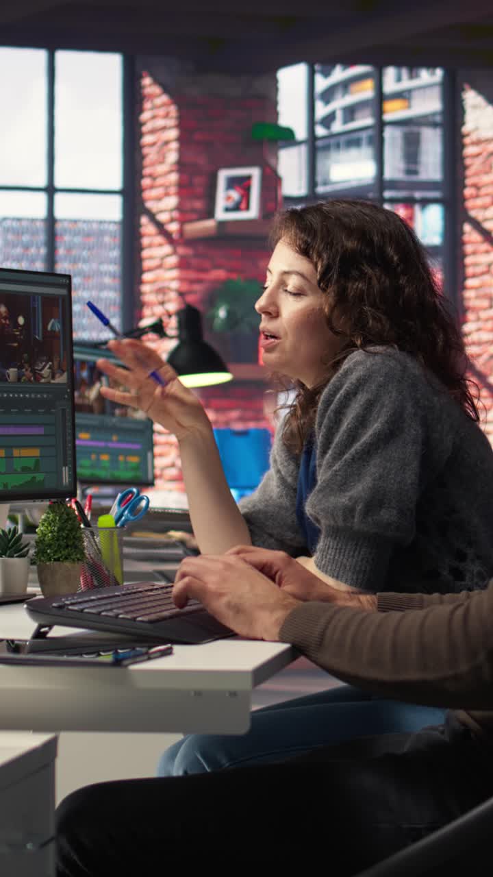 Vertical Video Video editors couple working as a team for a freelance video shoot