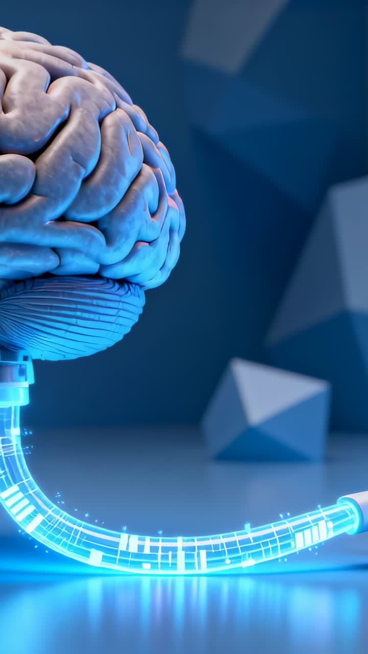 Vertical video: Pulsing brain model sending blue data pulse along cable in studio, connector seen