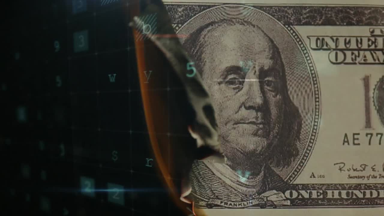 анимация обработки данных над горящей банкнотой