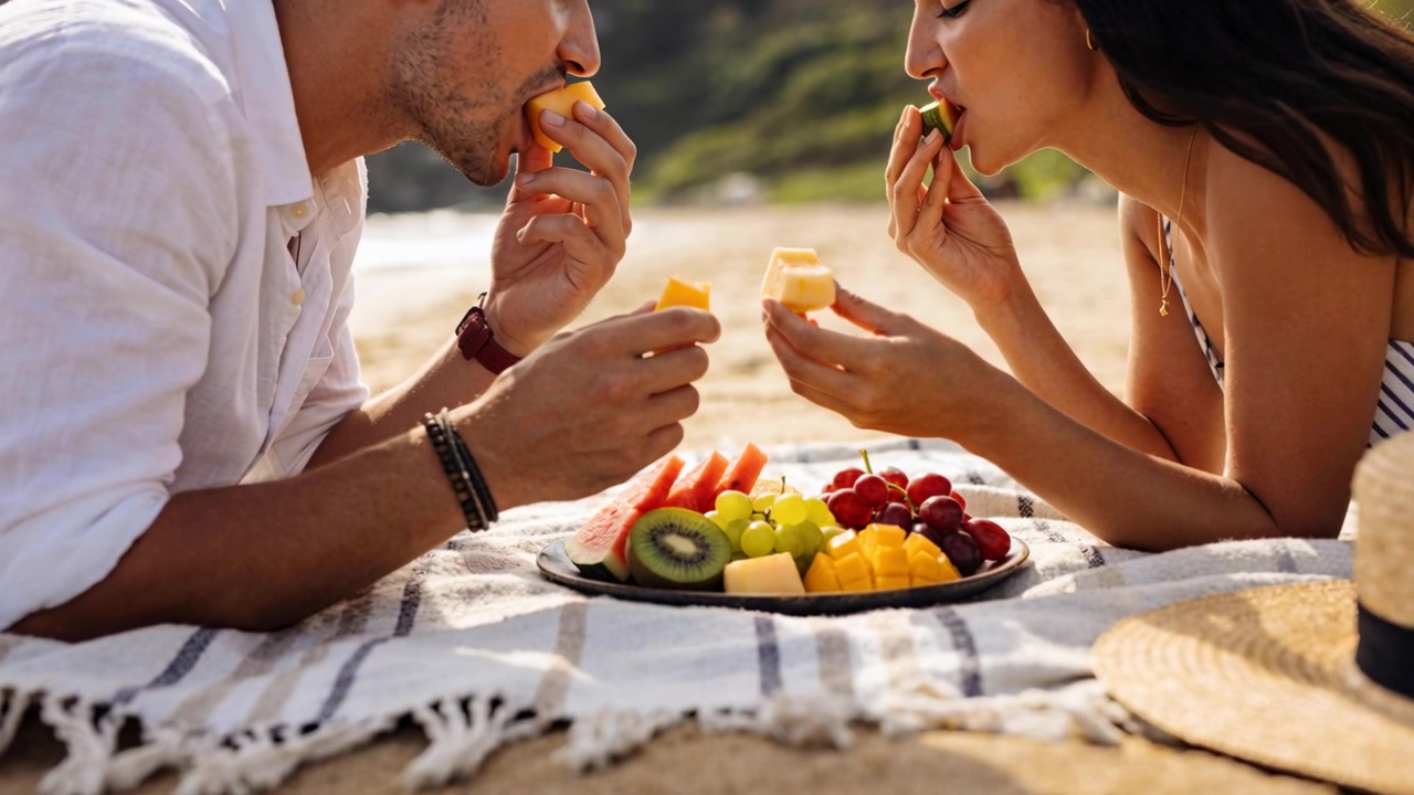 Pareja frente a frente llevando fruta de una bandeja a la boca en una manta de playa, mujer con top a rayas.