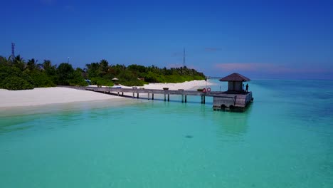 two men standing on covered jetty on beautiful maldives paradise islands