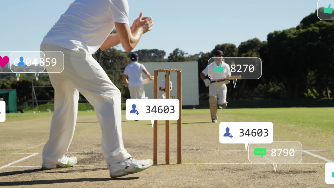 다양한 남성 크리켓 선수들의 증가하는 수를 가진 소셜 미디어 아이콘의 애니메이션
