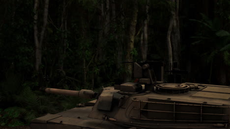 military tank advancing through dense jungle foliage during daytime