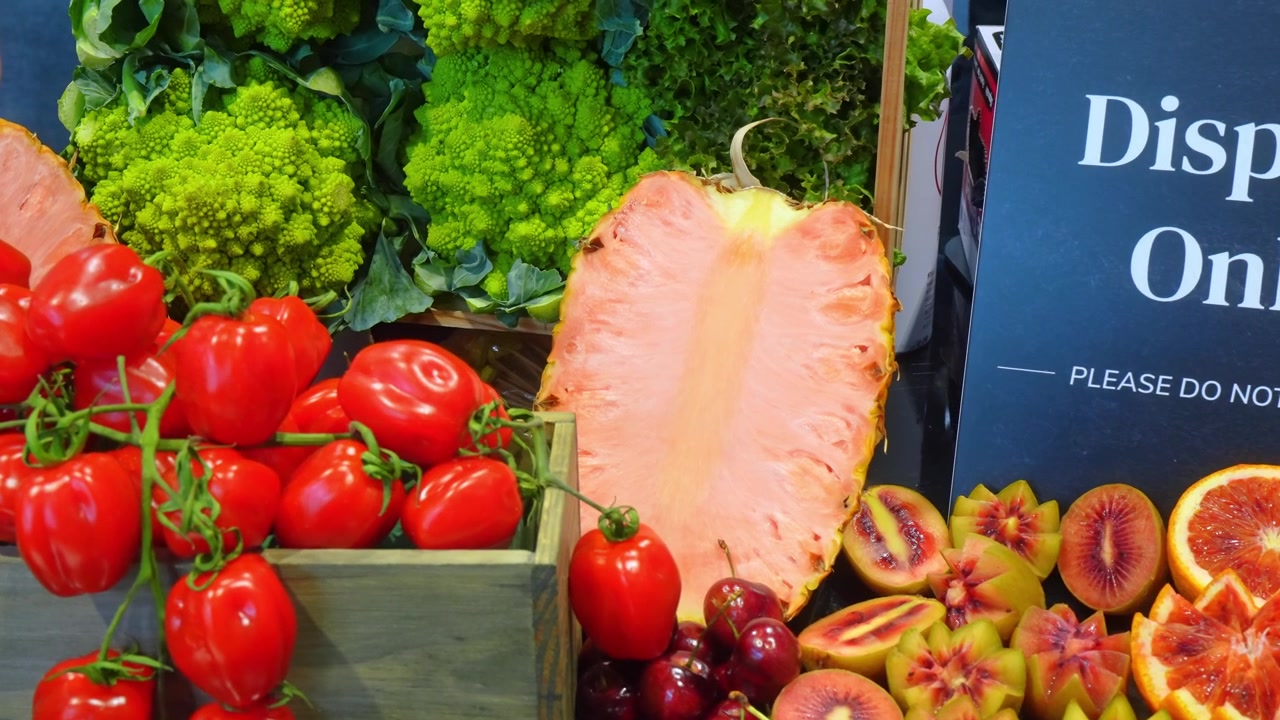Vista ao Nível dos Olhos de uma Exposição de Frutas Exóticas, Chicago, Illinois. Composição Detalhada Mostrando um Abacaxi Rosa Cortado, Tomates Vermelhos Vivos no Cacho, Cerejas e Laranjas Sanguíneas Fatiadas