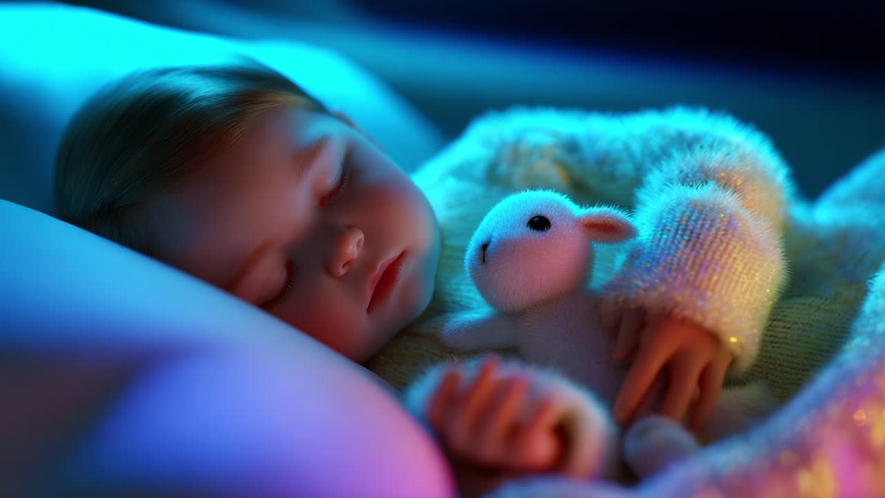 A Serene Moment of Innocence: A Sleeping Child Clutching a Soft Toy in a Cozy Blanket, Bathed in Gentle Blue and Purple Lights, Capturing the Essence of Peaceful Slumber and Comfort