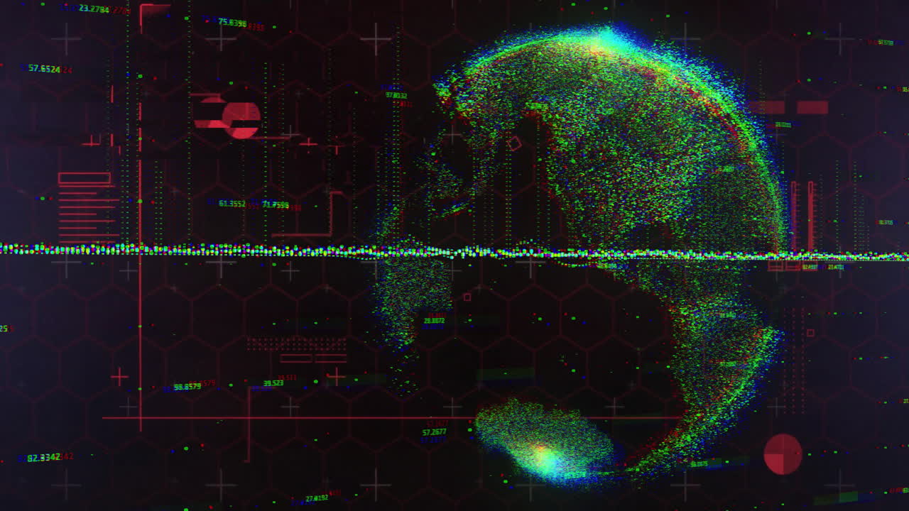 Animation of digital globe with data points and graphs on dark hexagonal background