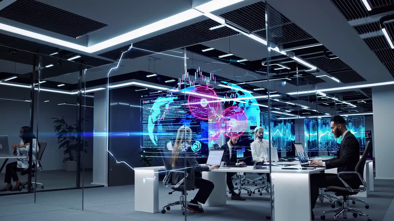 Futuristic office video concept with a wide-angle view, showcasing professionals at desks, digital