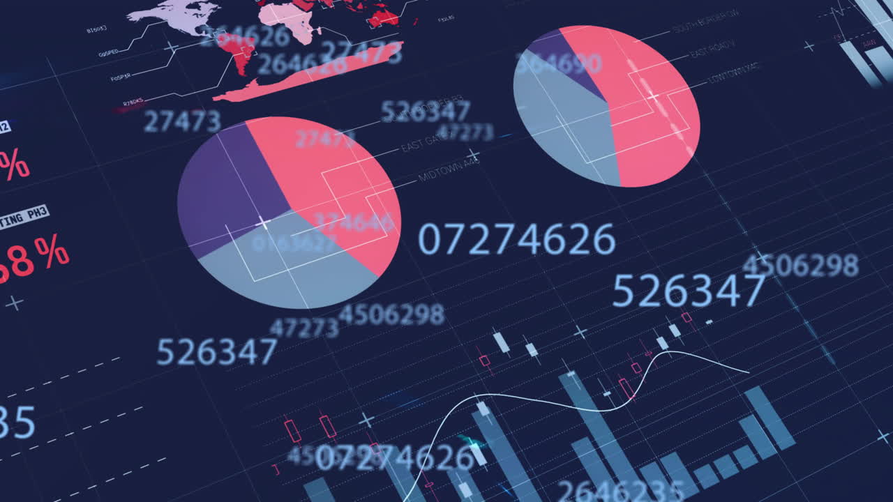 Animation of statistics and financial data processing on dark background
