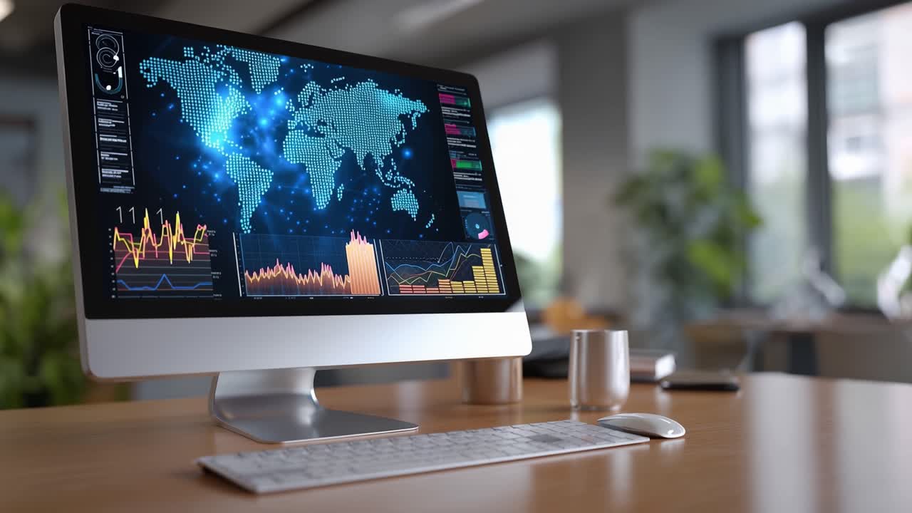 Visualizing Data on a Modern Desktop: An Interactive World Map and Dynamic Analytics with Colorful Graphs Displayed on a Sleek Computer Monitor