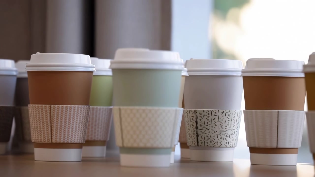 disposable coffee cups arranged in a row, neutral and calm setting, front view slightly elevated, natural light, brown and white colors, cardboard and plastic lids, coffee shop scene, break.