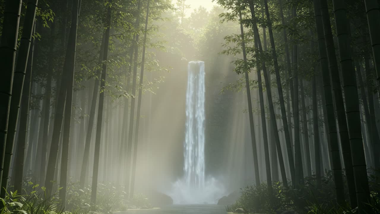 A Serene Waterfall Cascading Through Lush Bamboo Forest, Illuminated by Soft Sunlight, Creating a Tranquil and Mystical Atmosphere in Nature's Embrace