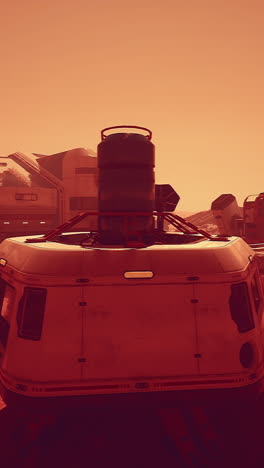 a futuristic mars base with rovers and a space station in the background