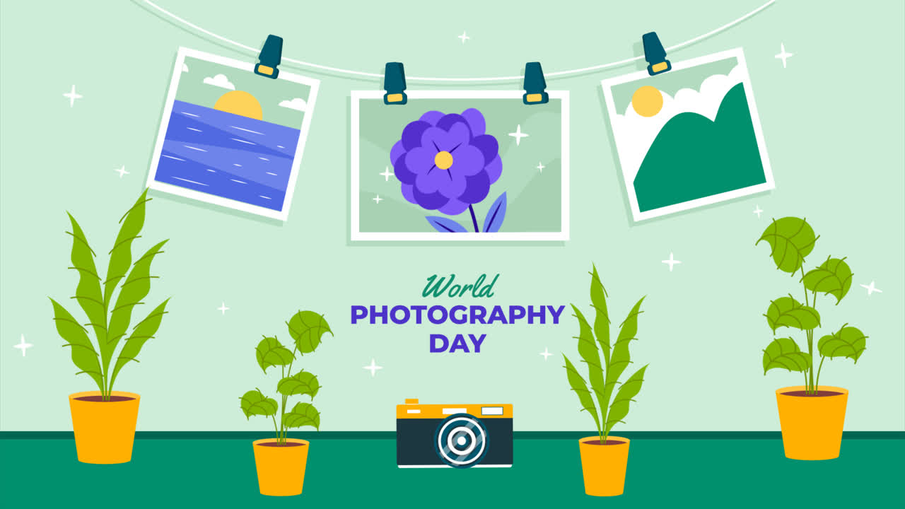 세계 사진의 날 축하를 위한 평면 일러스트레이션의 모션 그래픽