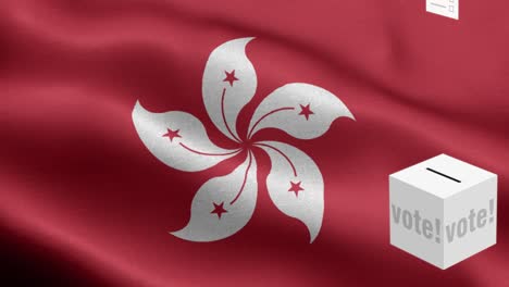 ballots fly to box for hong kong selection - ballot box in front of flag - election - vote - flag of hong kong - hong kong flag high detail - national flag hong kong wave pattern loopable elements - fabric texture and endless loop