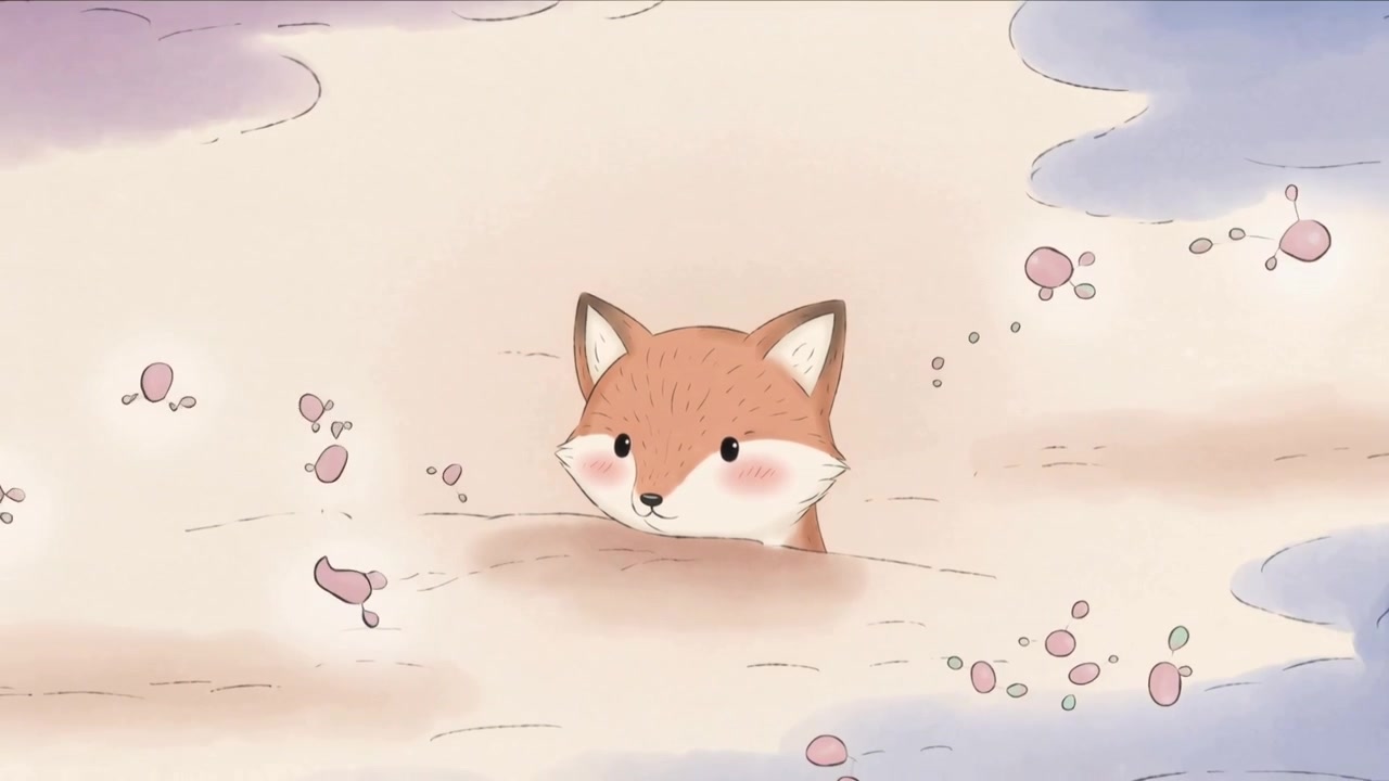 Testa di volpe animata che fa capolino da un cumulo di nuvole pastello mentre la telecamera si allontana, rivelando bolle rosa.